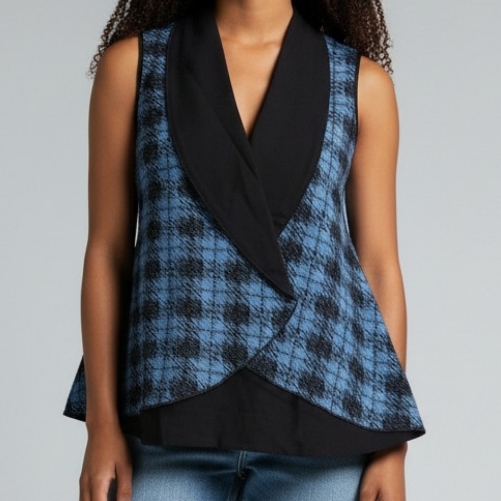 NEW! Reversible Parsley & Sage Blue Plaid Sleeveless Top Black Shawl Collar 4267